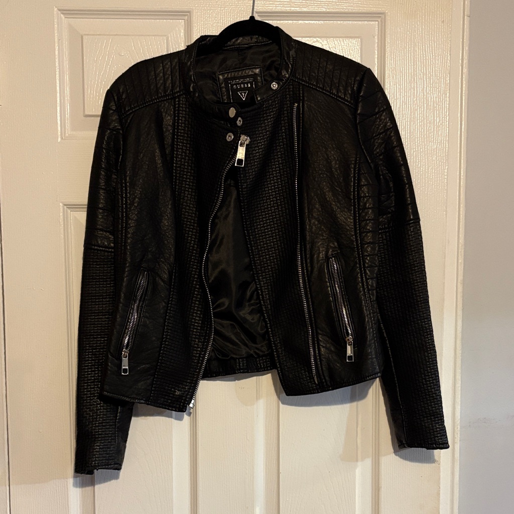 Guess Black Faux Leather Moto Jacket With Quilted Panels